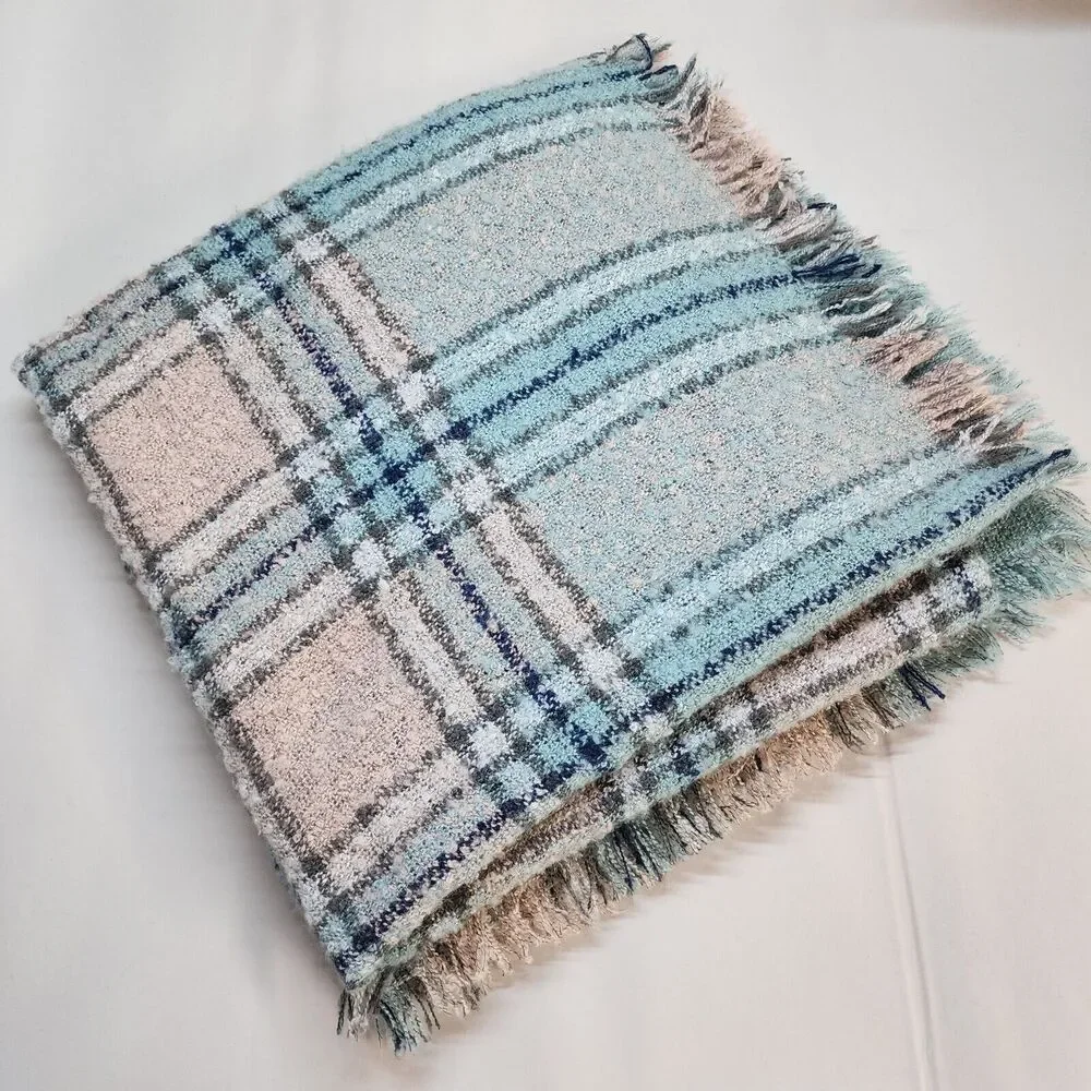 Simply Southern Chunky Knit Plaid Scarf Shawl Wrap Blue Pink Oversized 55x55